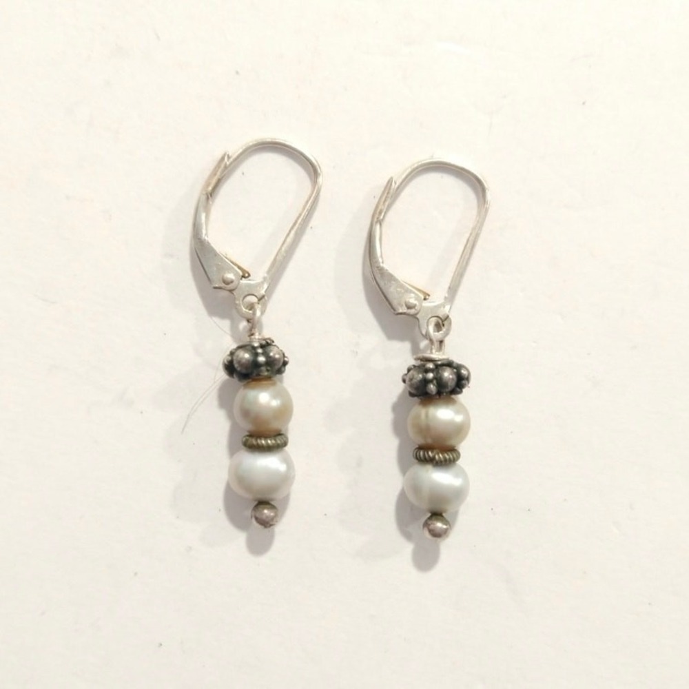 Freshwater Pearl Leverback 925 Sterling Silver Dangle Earrings Designer Signed